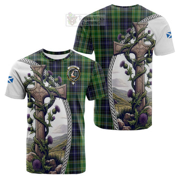 Tartan Vibes Clothing McKellar Tartan Cotton T-shirt with Family Crest and St. Andrew's Cross Accented by Thistle Vines