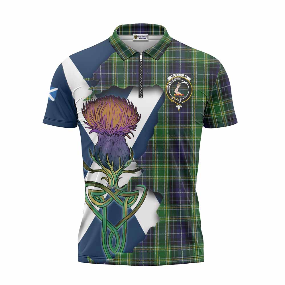 Tartan Vibes Clothing McKellar Tartan Family Crest Zipper Polo Shirt Scottish Thistle Celtic Inspired