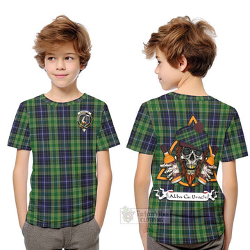 Tartan Vibes Clothing McKellar Tartan Kid T-Shirt with Family Crest and Bearded Skull Holding Bottles of Whiskey