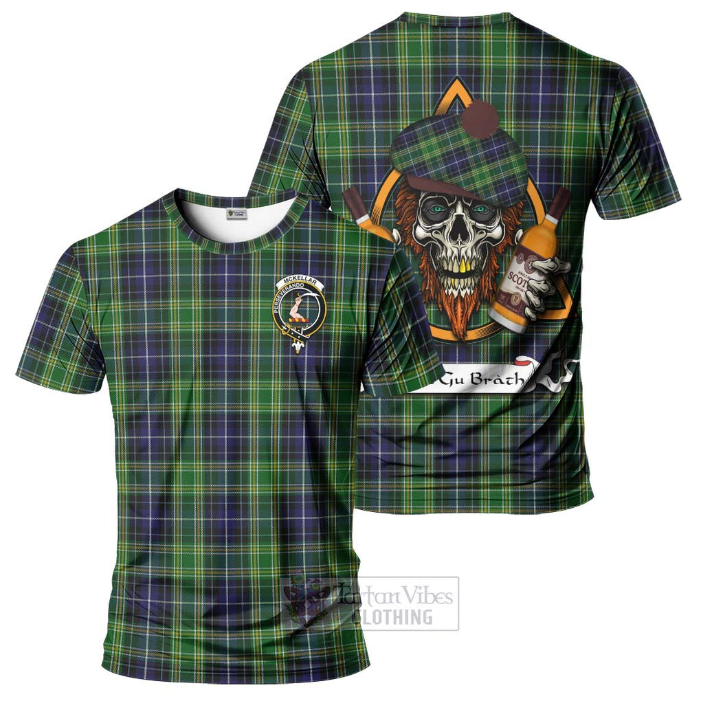 Tartan Vibes Clothing McKellar Tartan T-Shirt with Family Crest and Bearded Skull Holding Bottles of Whiskey