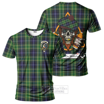 Tartan Vibes Clothing McKellar Tartan T-Shirt with Family Crest and Bearded Skull Holding Bottles of Whiskey