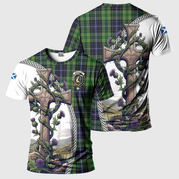 Tartan Vibes Clothing McKellar Agnew Tartan T-Shirt with Family Crest and St. Andrew's Cross Accented by Thistle Vines