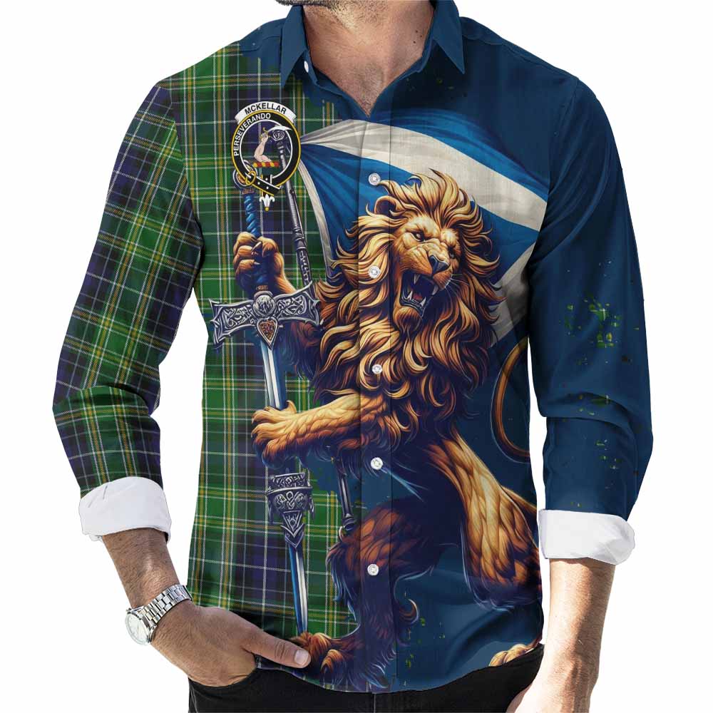 Tartan Vibes Clothing McKellar Tartan Family Crest Long Sleeve Button Shirt with Scottish Majestic Lion