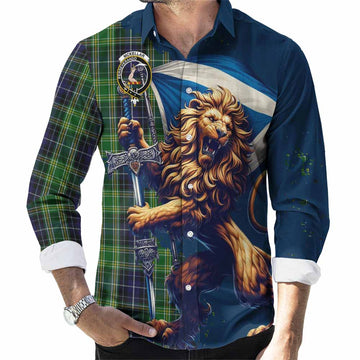 Tartan Vibes Clothing McKellar Tartan Family Crest Long Sleeve Button Shirt with Scottish Majestic Lion