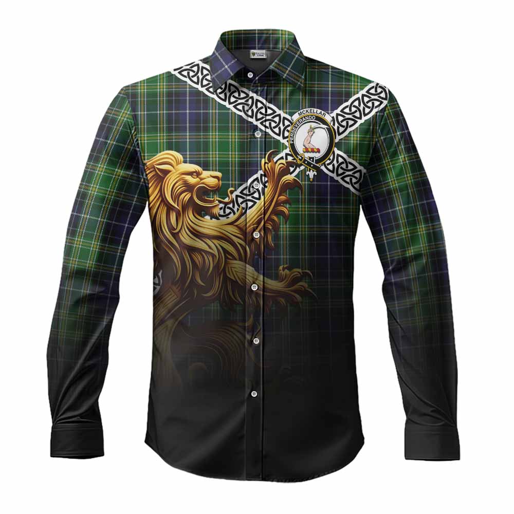 Tartan Vibes Clothing McKellar Crest Tartan Long Sleeve Button Shirt with Golden Lion Emblem Celtic Style