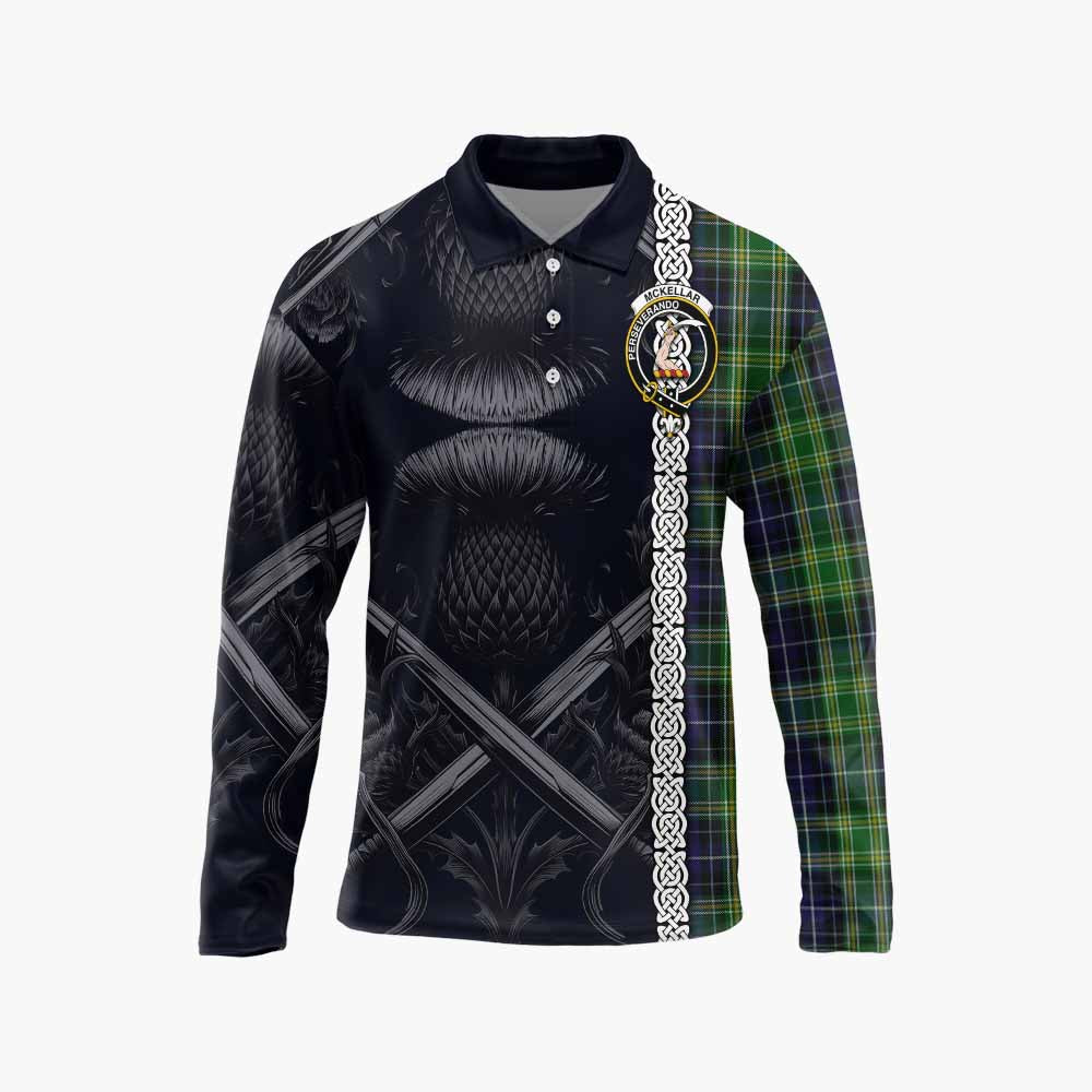 Tartan Vibes Clothing McKellar Tartan Long Sleeve Polo Shirt with Family Crest Cross Sword Thistle Celtic Vibes