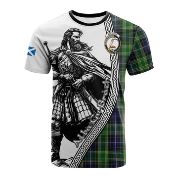McKellar Tartan Clan Crest Cotton T-shirt with Highlander Warrior Celtic Style