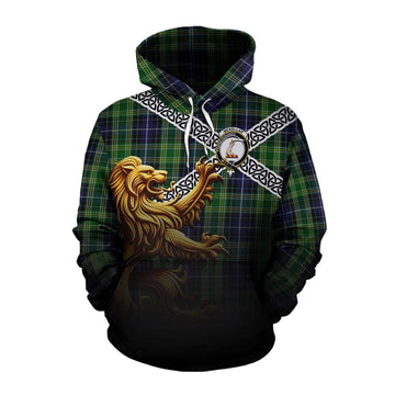 Tartan Vibes Clothing McKellar Crest Tartan Cotton Hoodie with Golden Lion Emblem Celtic Style