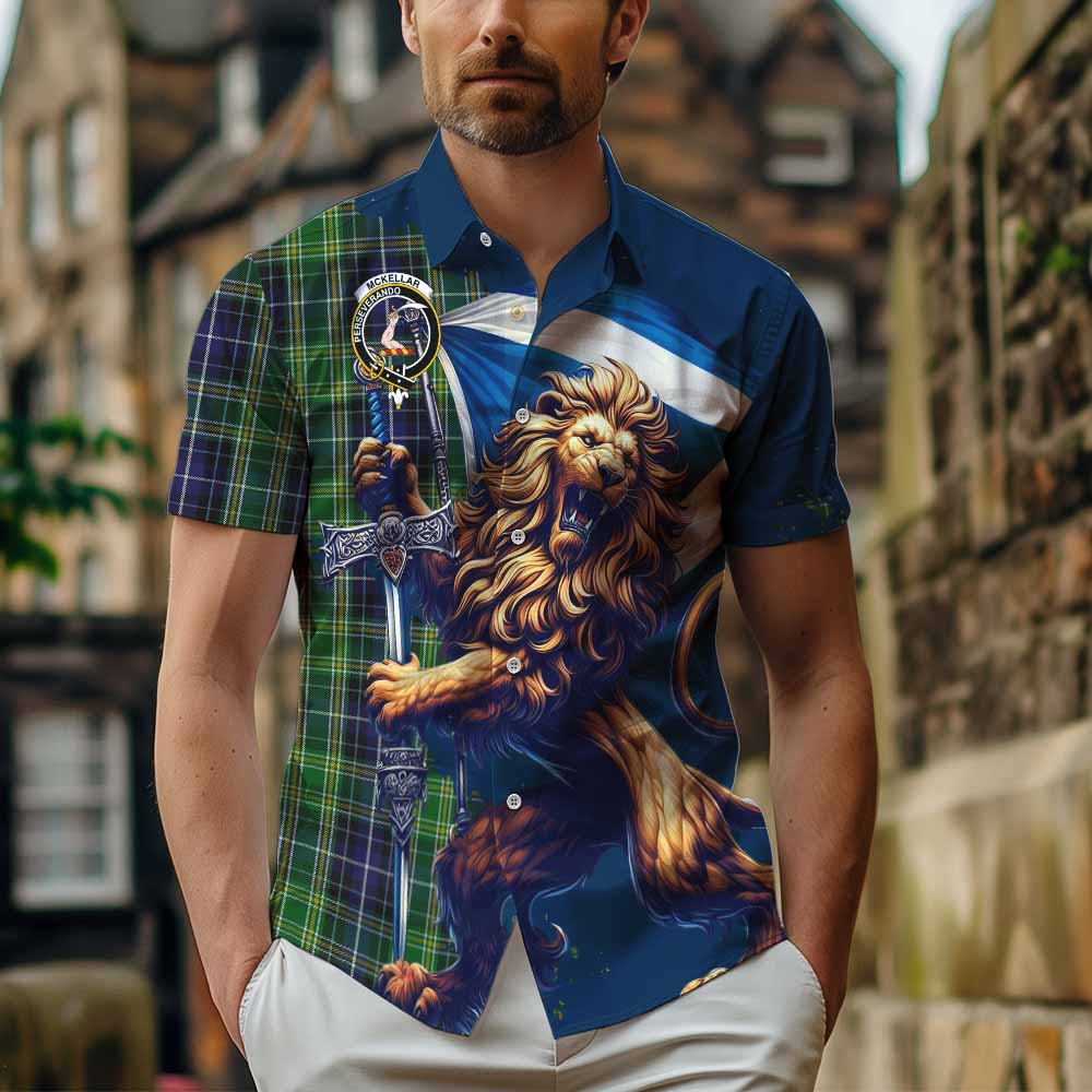 Tartan Vibes Clothing McKellar Tartan Family Crest Short Sleeve Button Shirt with Scottish Majestic Lion