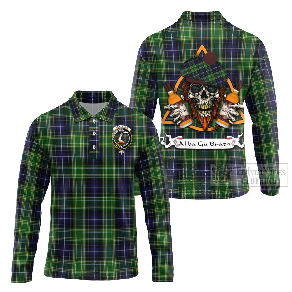 Tartan Vibes Clothing McKellar Tartan Long Sleeve Polo Shirt with Family Crest and Bearded Skull Holding Bottles of Whiskey