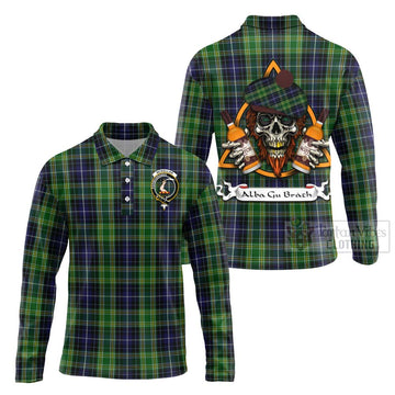 Tartan Vibes Clothing McKellar Tartan Long Sleeve Polo Shirt with Family Crest and Bearded Skull Holding Bottles of Whiskey