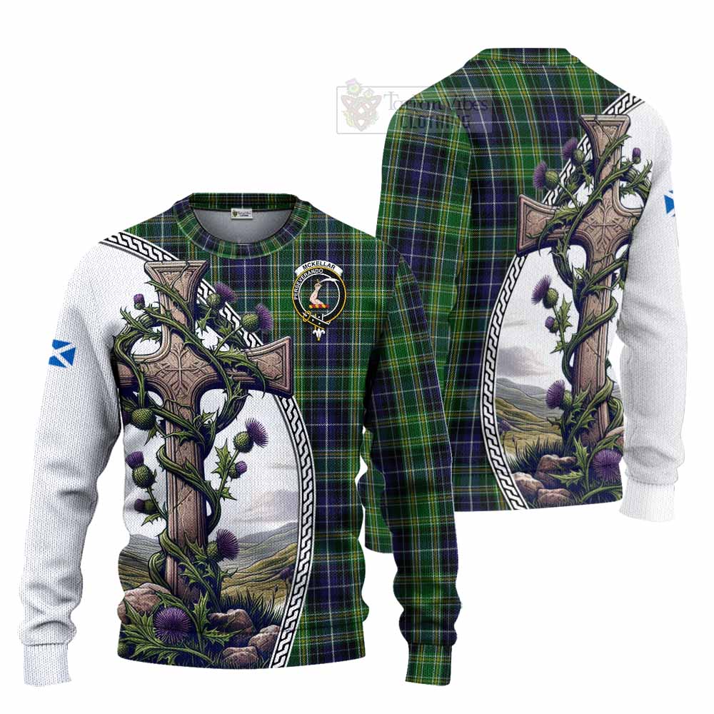 Tartan Vibes Clothing McKellar Tartan Knitted Sweater with Family Crest and St. Andrew's Cross Accented by Thistle Vines