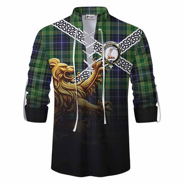 Tartan Vibes Clothing McKellar Crest Tartan Ghillie Kilt Shirt with Golden Lion Emblem Celtic Style