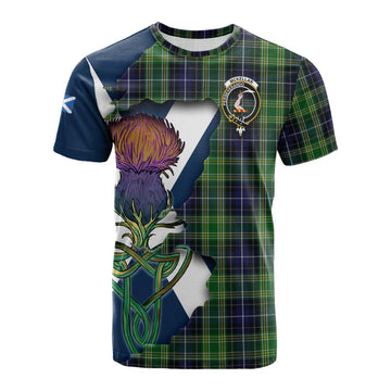 Tartan Vibes Clothing McKellar Tartan Family Crest Cotton T-shirt Scottish Thistle Celtic Inspired