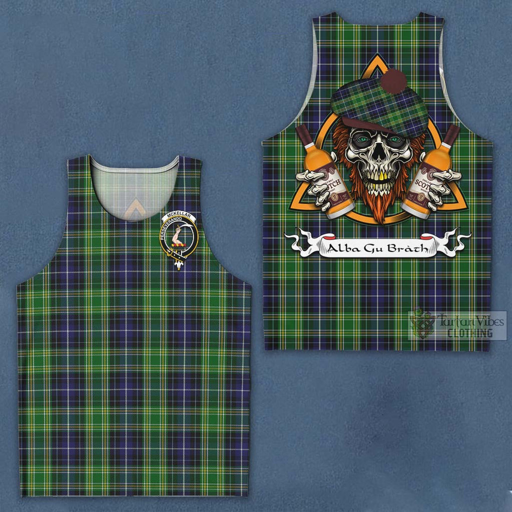 Tartan Vibes Clothing McKellar Tartan Men's Tank Top with Family Crest and Bearded Skull Holding Bottles of Whiskey