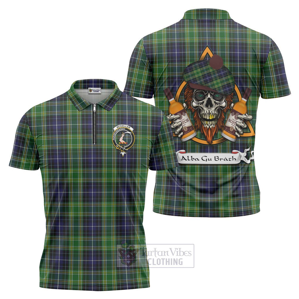 Tartan Vibes Clothing McKellar Tartan Zipper Polo Shirt with Family Crest and Bearded Skull Holding Bottles of Whiskey
