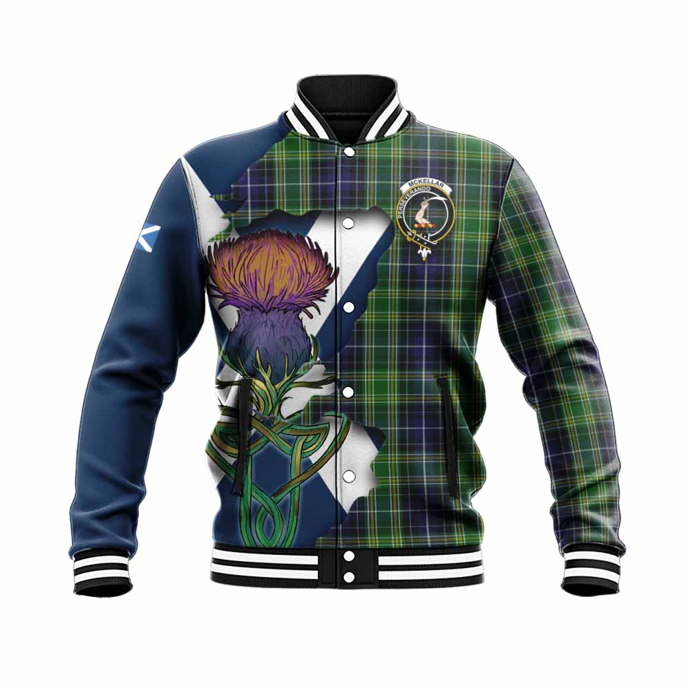 Tartan Vibes Clothing McKellar Tartan Family Crest Baseball Jacket Scottish Thistle Celtic Inspired