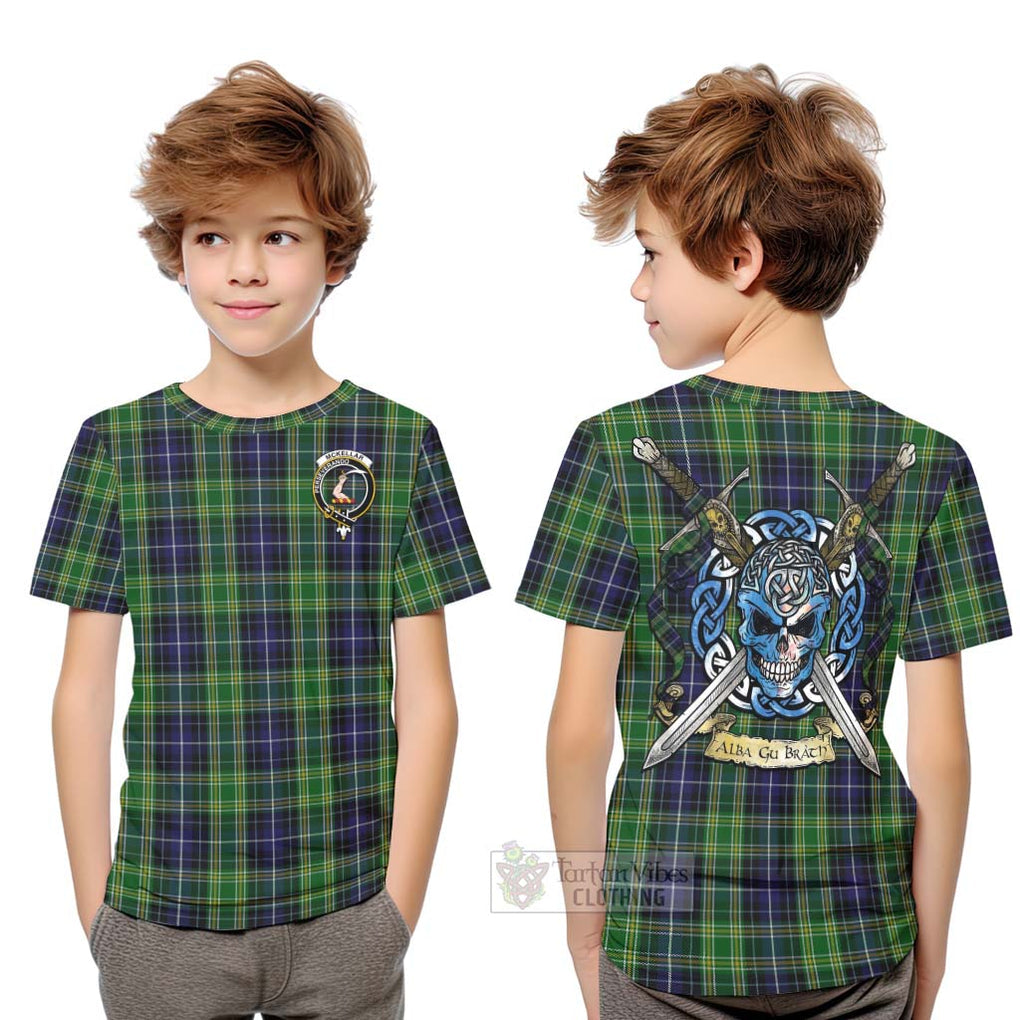Tartan Vibes Clothing McKellar Tartan Kid T-Shirt with Family Crest Celtic Skull Style