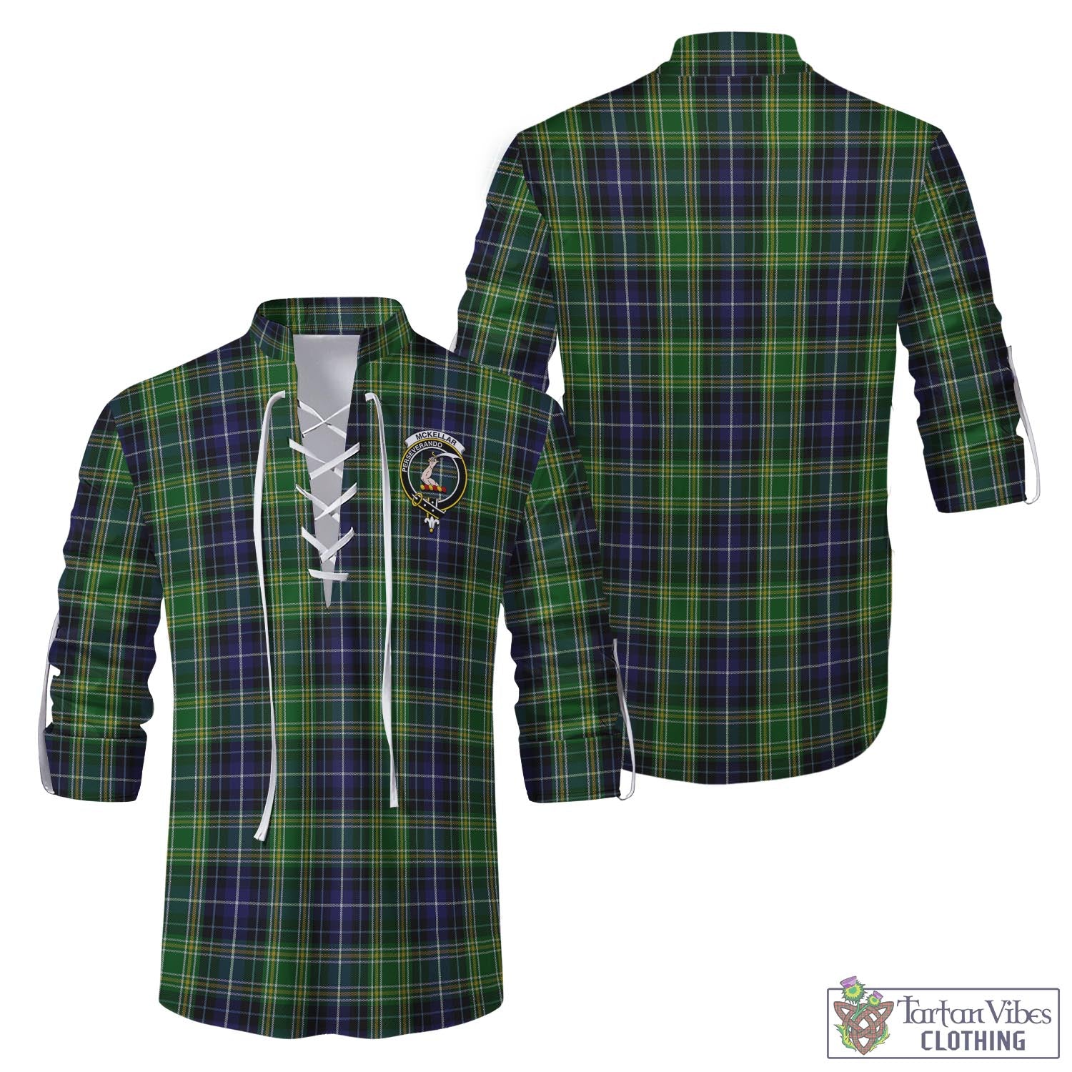 Tartan Vibes Clothing McKellar Tartan Men's Scottish Traditional Jacobite Ghillie Kilt Shirt with Family Crest