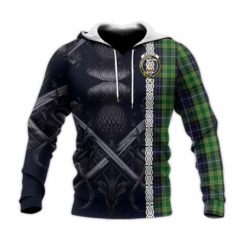 Tartan Vibes Clothing McKellar Tartan Knitted Hoodie with Family Crest Cross Sword Thistle Celtic Vibes