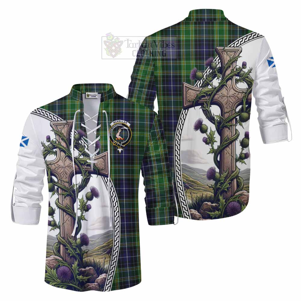 Tartan Vibes Clothing McKellar Tartan Ghillie Kilt Shirt with Family Crest and St. Andrew's Cross Accented by Thistle Vines