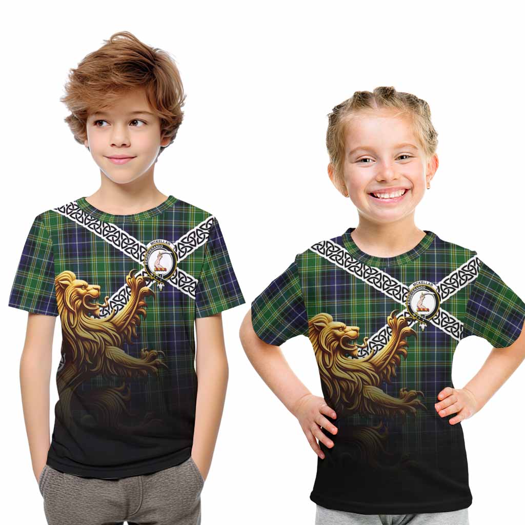 Tartan Vibes Clothing McKellar Crest Tartan Kid T-Shirt with Golden Lion Emblem Celtic Style