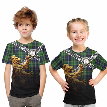 Tartan Vibes Clothing McKellar Crest Tartan Kid T-Shirt with Golden Lion Emblem Celtic Style