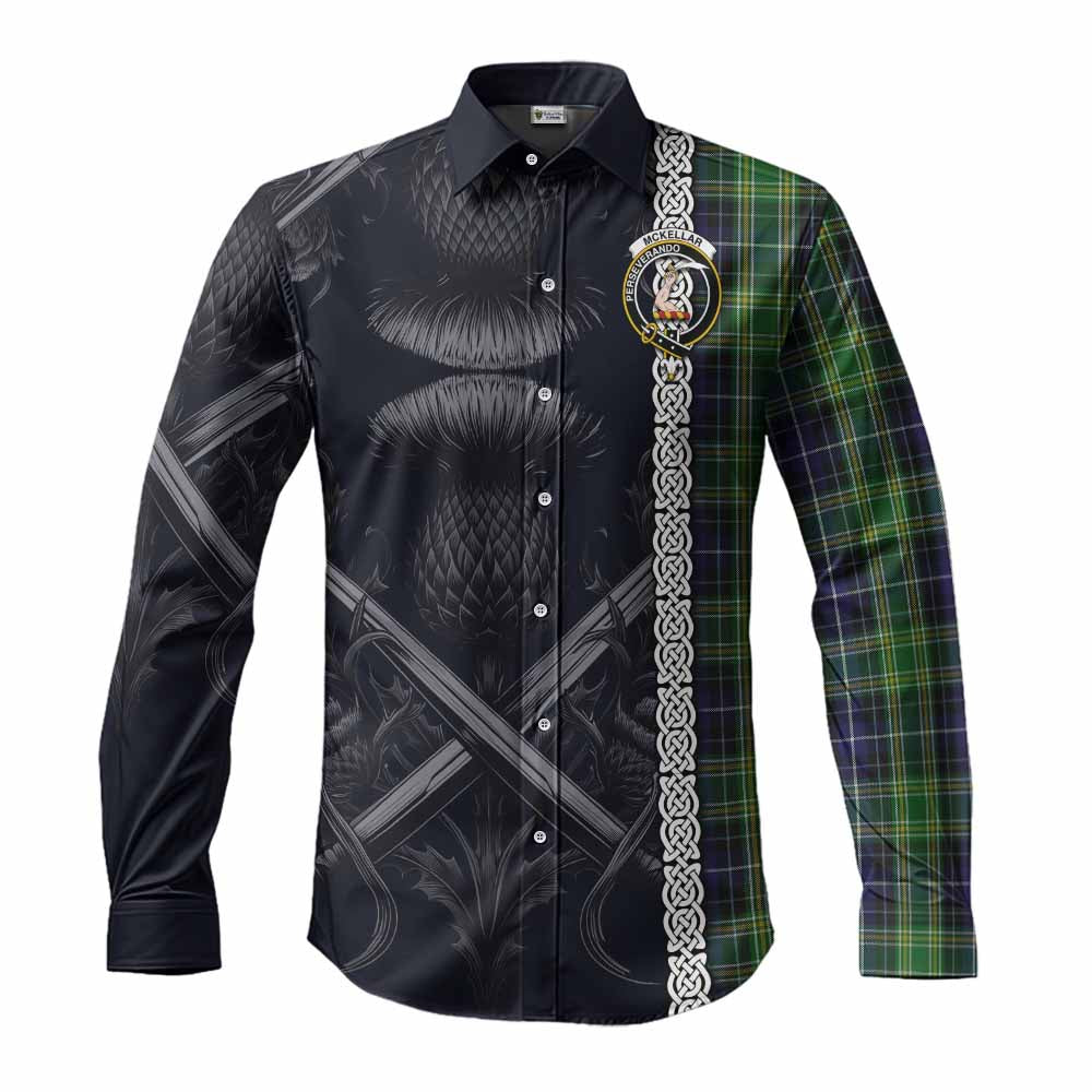 Tartan Vibes Clothing McKellar Tartan Long Sleeve Button Shirt with Family Crest Cross Sword Thistle Celtic Vibes