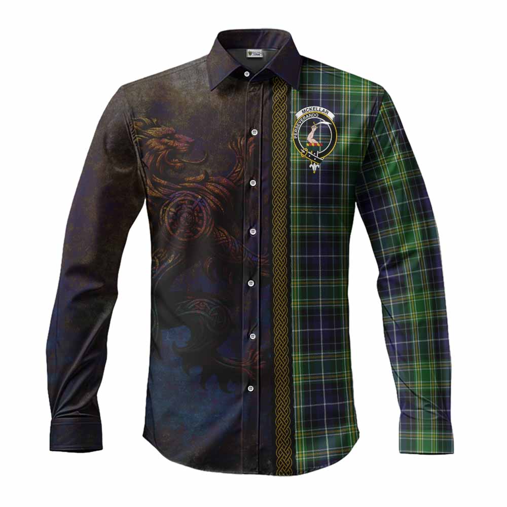 Tartan Vibes Clothing McKellar Tartan Family Crest Long Sleeve Button Shirt Alba Gu Brath Be Brave Lion Ancient Style