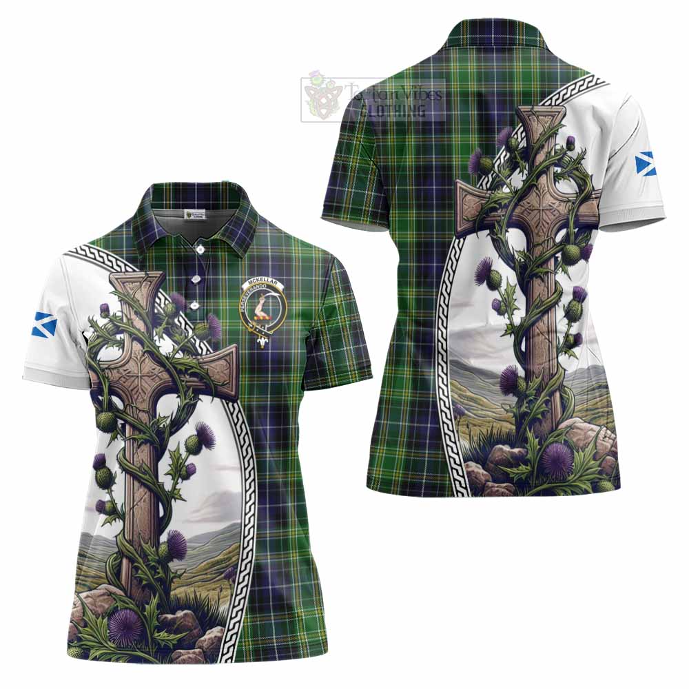 Tartan Vibes Clothing McKellar Tartan Women's Polo Shirt with Family Crest and St. Andrew's Cross Accented by Thistle Vines