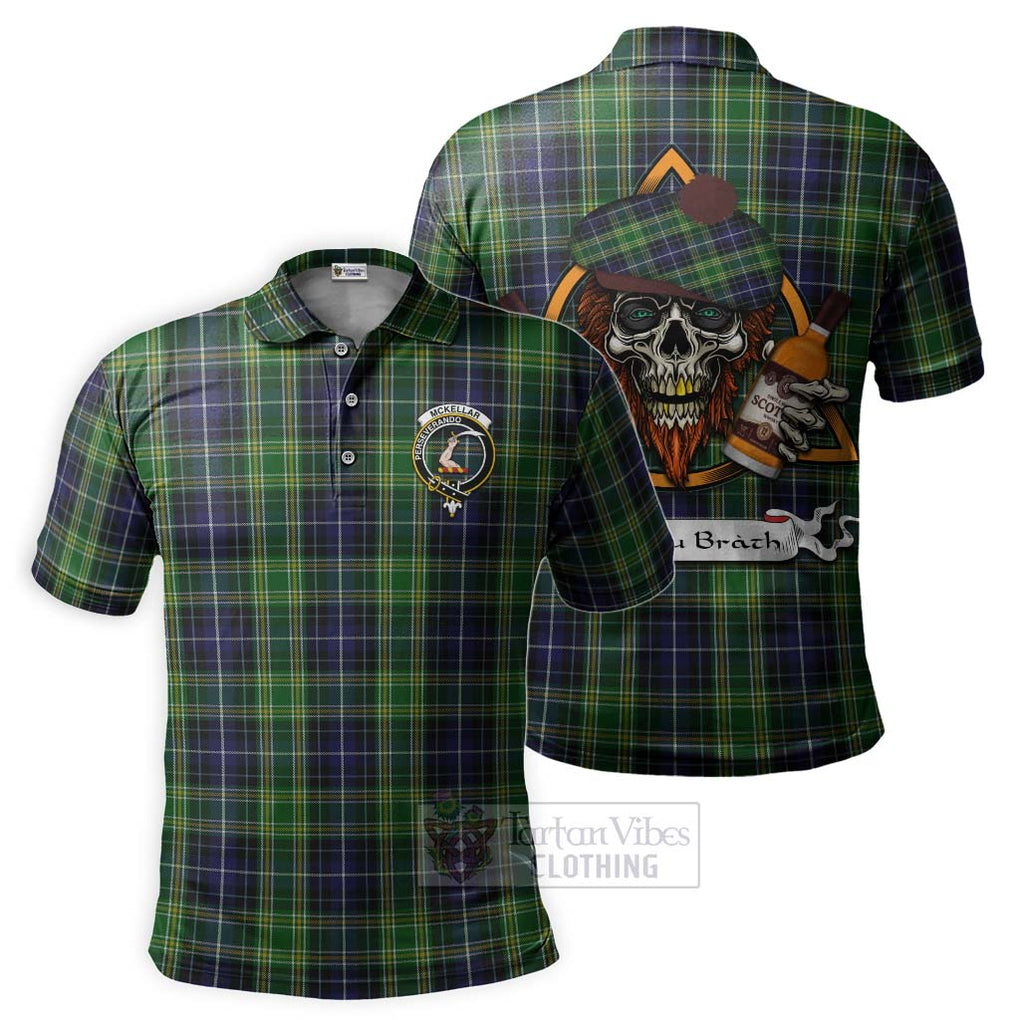 Tartan Vibes Clothing McKellar Tartan Polo Shirt with Family Crest and Bearded Skull Holding Bottles of Whiskey