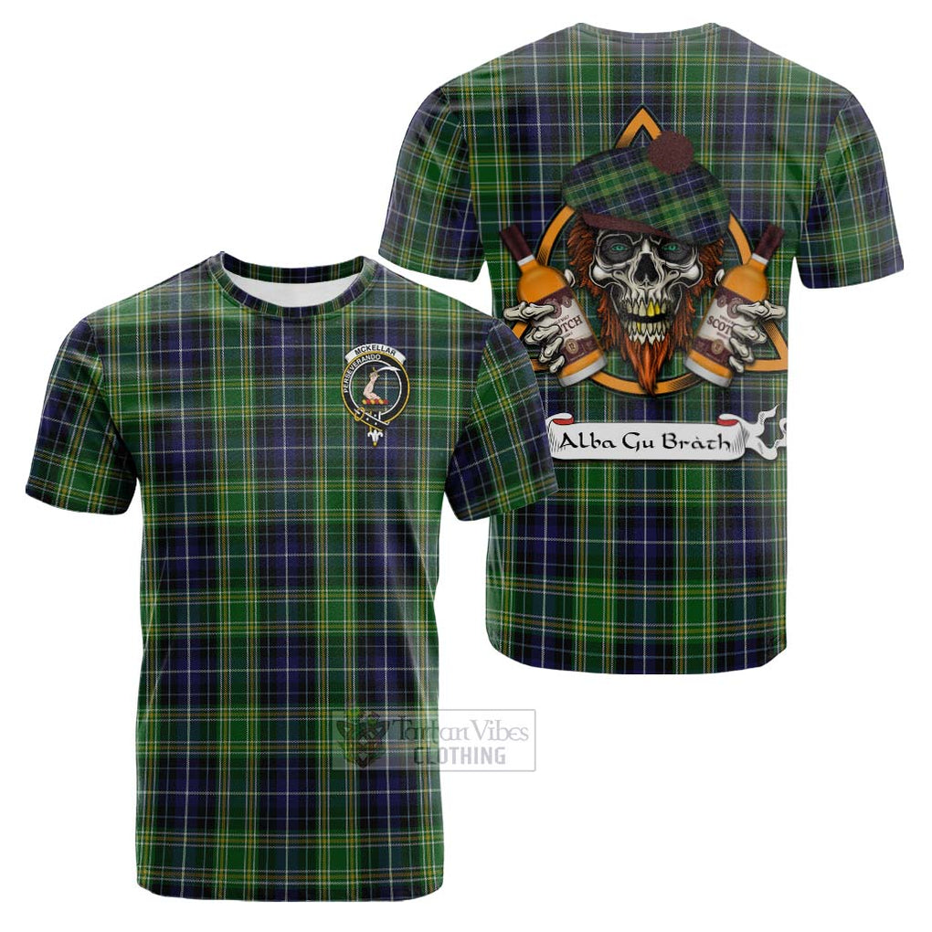 Tartan Vibes Clothing McKellar Tartan Cotton T-shirt with Family Crest and Bearded Skull Holding Bottles of Whiskey