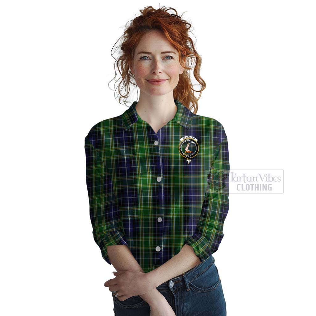 Tartan Vibes Clothing McKellar Tartan Women's Casual Shirt with Family Crest and Bearded Skull Holding Bottles of Whiskey
