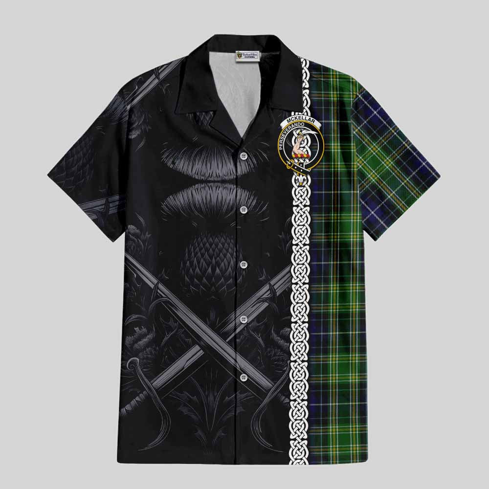 Tartan Vibes Clothing McKellar Tartan Short Sleeve Button Shirt with Family Crest Cross Sword Thistle Celtic Vibes