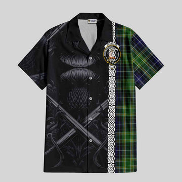 Tartan Vibes Clothing McKellar Tartan Short Sleeve Button Shirt with Family Crest Cross Sword Thistle Celtic Vibes
