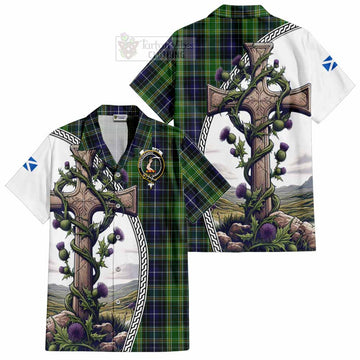 Tartan Vibes Clothing McKellar Tartan Short Sleeve Button Shirt with Family Crest and St. Andrew's Cross Accented by Thistle Vines