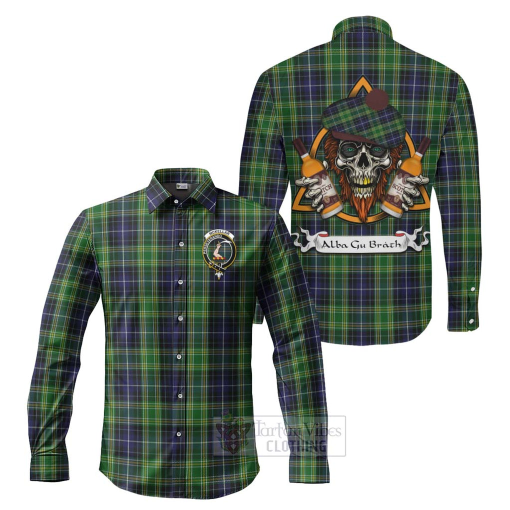 Tartan Vibes Clothing McKellar Tartan Long Sleeve Button Shirt with Family Crest and Bearded Skull Holding Bottles of Whiskey