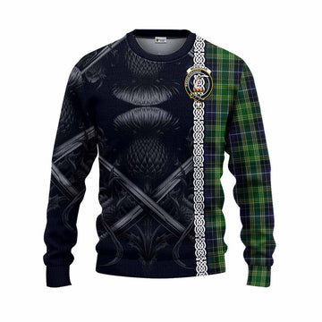 Tartan Vibes Clothing McKellar Tartan Knitted Sweater with Family Crest Cross Sword Thistle Celtic Vibes