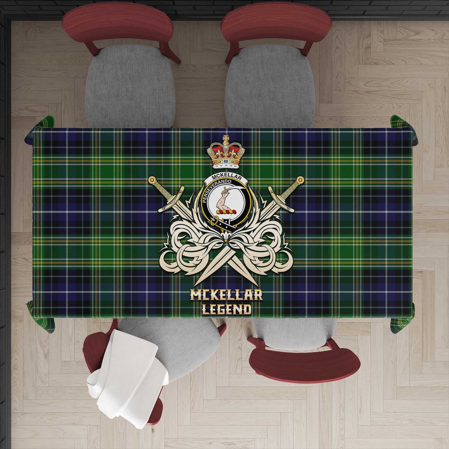 Tartan Vibes Clothing McKellar Tartan Tablecloth with Clan Crest and the Golden Sword of Courageous Legacy