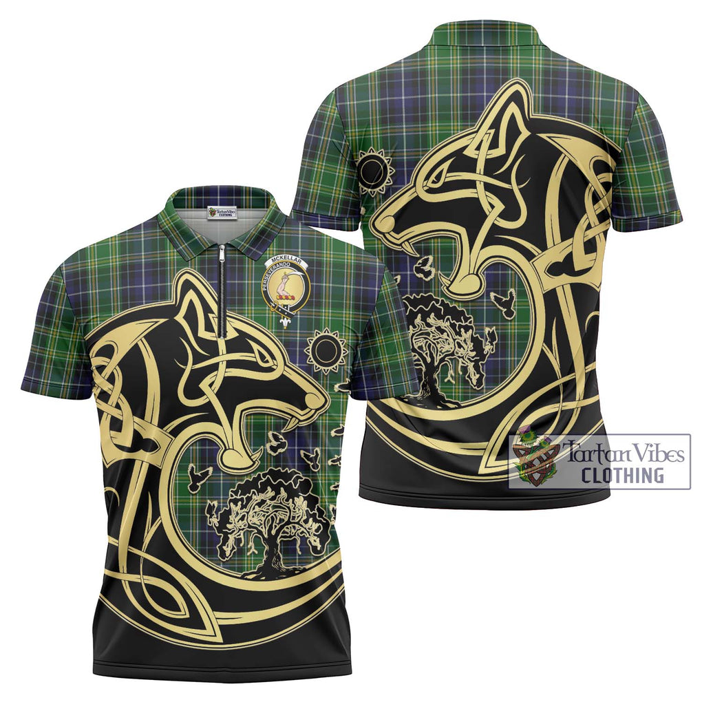 McKellar Tartan Zipper Polo Shirt with Family Crest Celtic Wolf Style Unisex - Tartanvibesclothing Shop