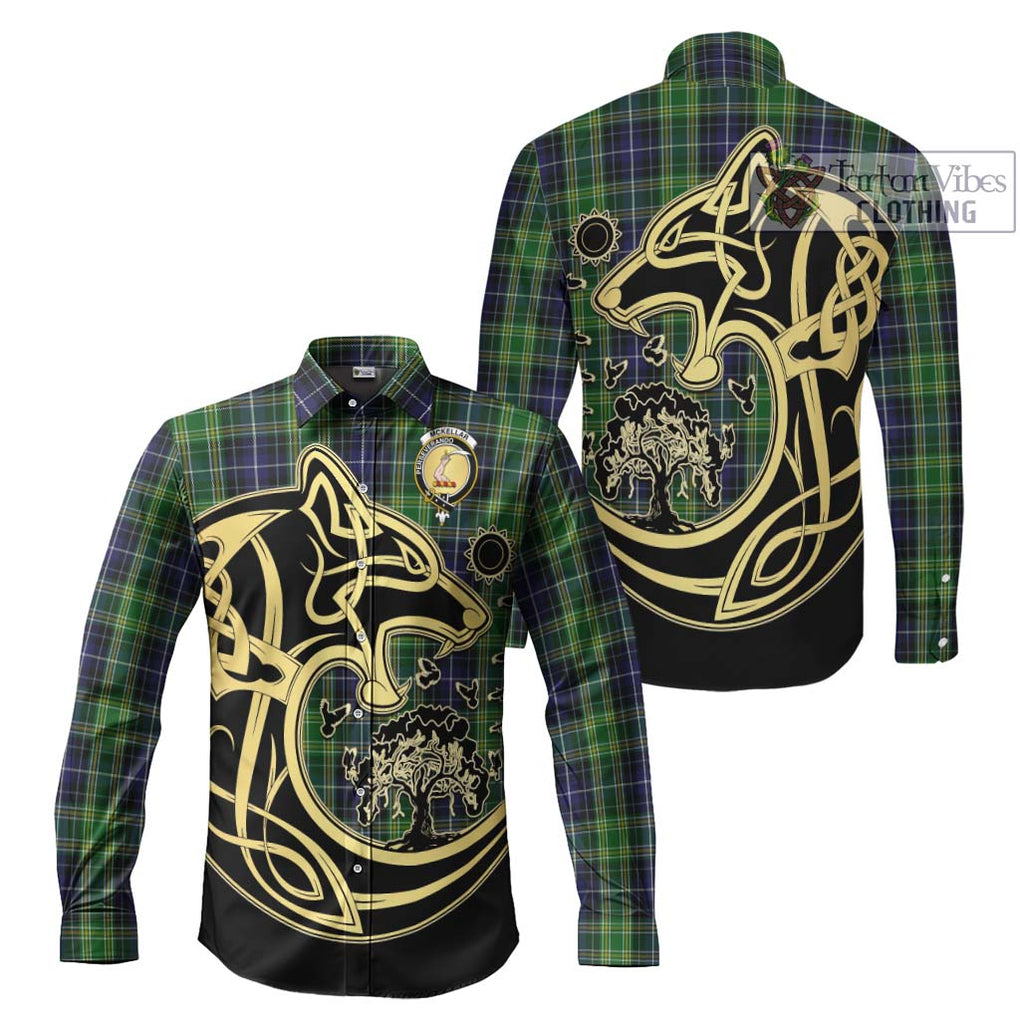 McKellar Tartan Long Sleeve Button Shirt with Family Crest Celtic Wolf Style Men's Shirt S - Tartan Vibes Clothing