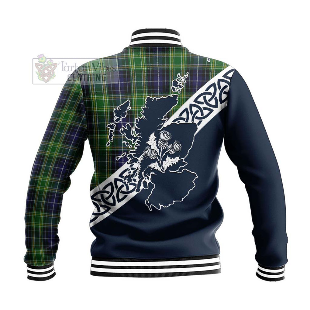 Tartan Vibes Clothing McKellar Tartan Baseball Jacket Featuring Thistle and Scotland Map