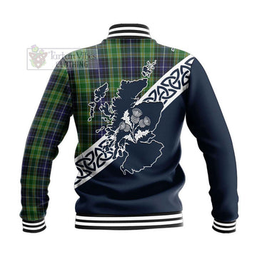 Tartan Vibes Clothing McKellar Tartan Baseball Jacket Featuring Thistle and Scotland Map