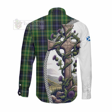 Tartan Vibes Clothing McKellar Tartan Long Sleeve Button Shirt with Family Crest and St. Andrew's Cross Accented by Thistle Vines