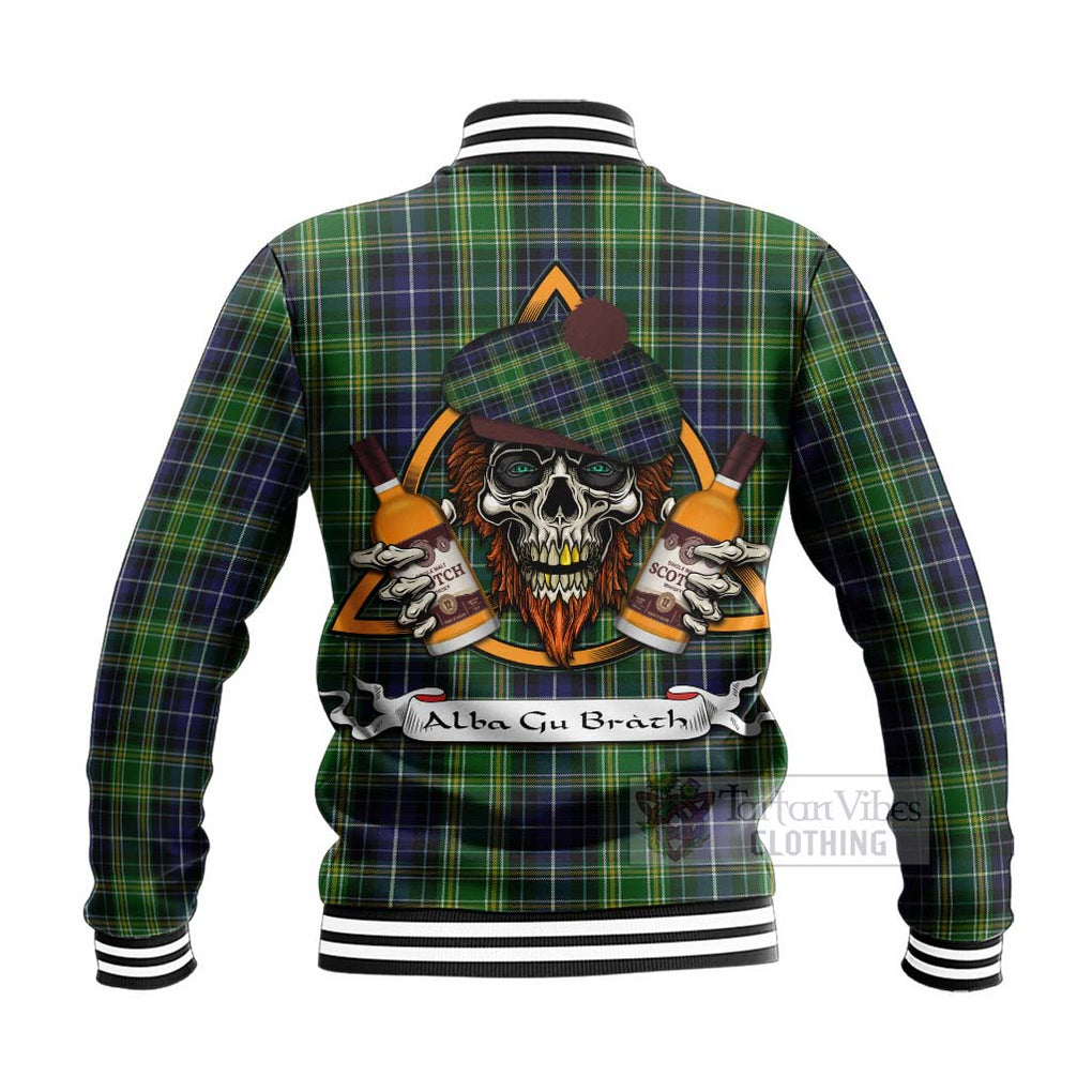 Tartan Vibes Clothing McKellar Tartan Baseball Jacket with Family Crest and Bearded Skull Holding Bottles of Whiskey