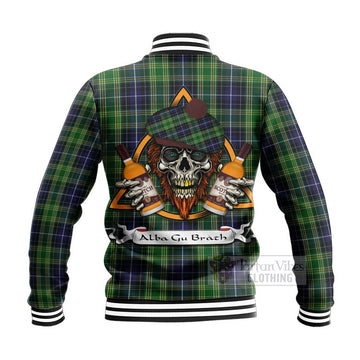 Tartan Vibes Clothing McKellar Tartan Baseball Jacket with Family Crest and Bearded Skull Holding Bottles of Whiskey
