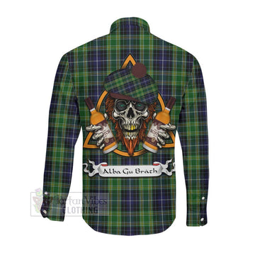 Tartan Vibes Clothing McKellar Tartan Long Sleeve Button Shirt with Family Crest and Bearded Skull Holding Bottles of Whiskey
