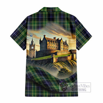 Tartan Vibes Clothing McKellar Tartan Family Crest Short Sleeve Button Shirt with Scottish Ancient Castle Style