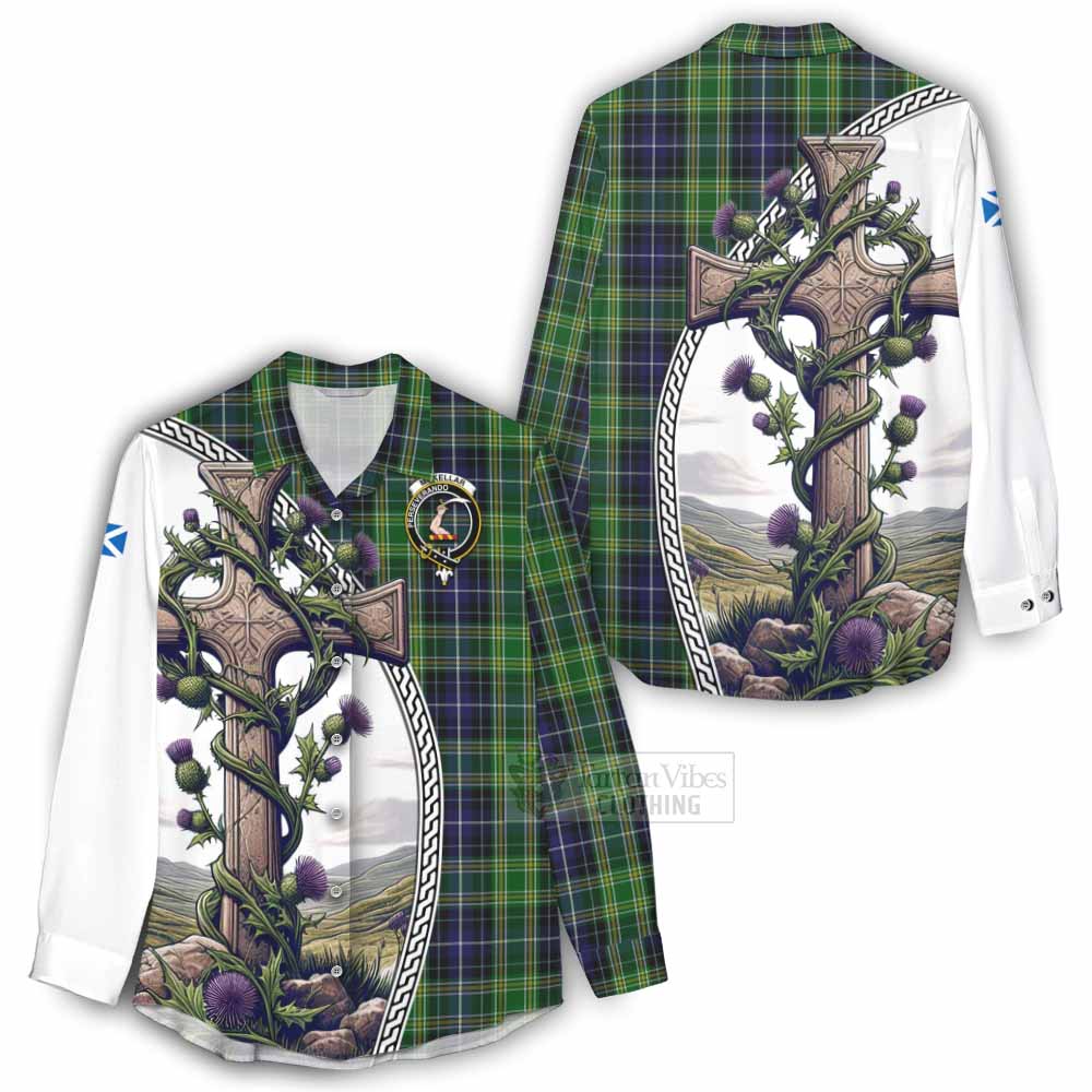 Tartan Vibes Clothing McKellar Tartan Women's Casual Shirt with Family Crest and St. Andrew's Cross Accented by Thistle Vines