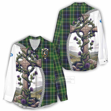 Tartan Vibes Clothing McKellar Tartan Women's Casual Shirt with Family Crest and St. Andrew's Cross Accented by Thistle Vines